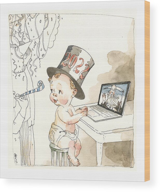 Ringing In The New Year (on Zoom) Wood Print featuring the painting Ringing in the New Year On Zoom by Barry Blitt