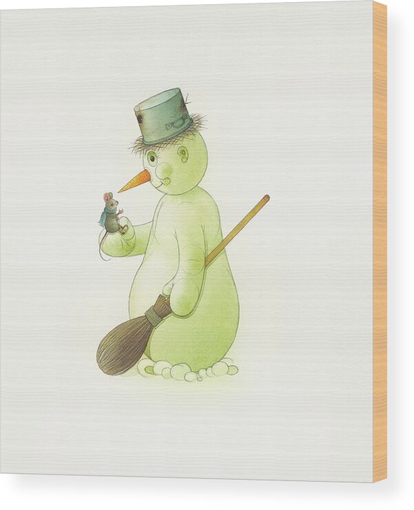 Snowman Snow Mouse Winter Christmas Holydays Christmascards Wood Print featuring the drawing Snowman and Mouse by Kestutis Kasparavicius