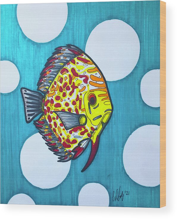 Discus Fish Wood Print featuring the drawing Spotted Discus Fish by Creative Spirit