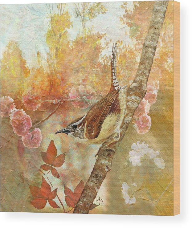 Wren Wood Print featuring the painting Sweet Autumn Carolina Wren by Angeles M Pomata