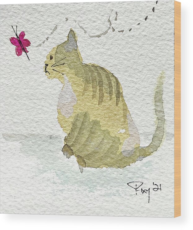 Watercolor Cat Painting Wood Print featuring the painting Whimsy Kitty 18 by Roxy Rich