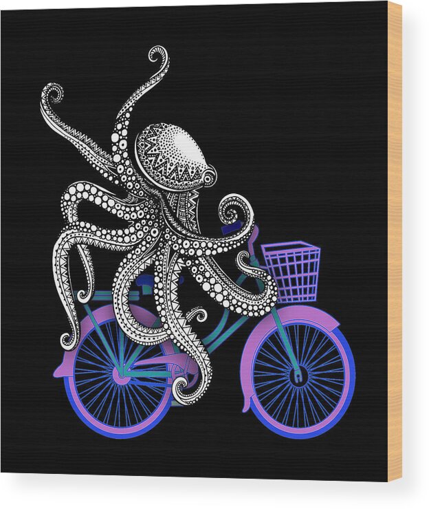 Octopus Wood Print featuring the painting Zen Octopus Blue Red White Purple Bike by Tony Rubino