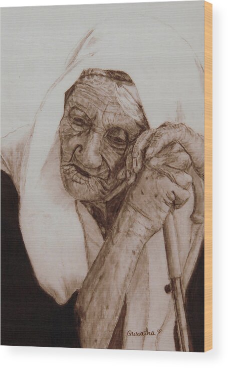 Old Woman Wood Print featuring the drawing Loneliness #2 by Quwatha Valentine