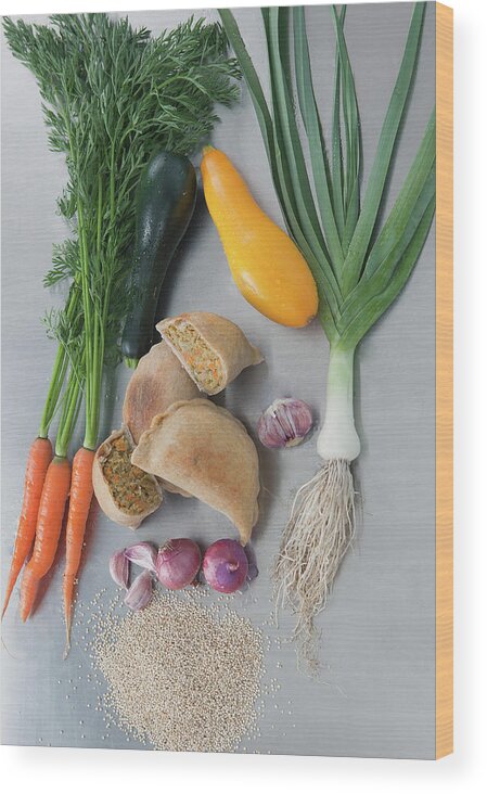 Healthy Eating Wood Print featuring the photograph Raw Vegetables With Cooked Pastries #1 by Laurie Castelli