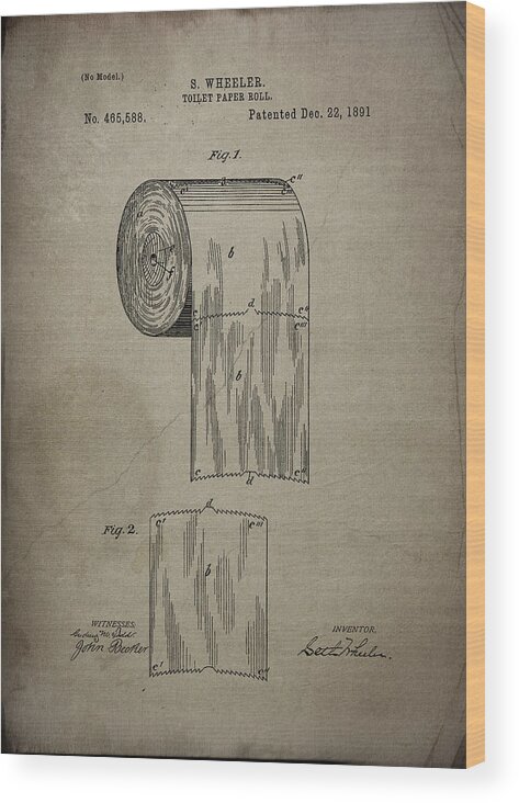 Toilet Paper Wood Print featuring the photograph Toilet Paper Roll Patent 1891 #1 by Chris Smith
