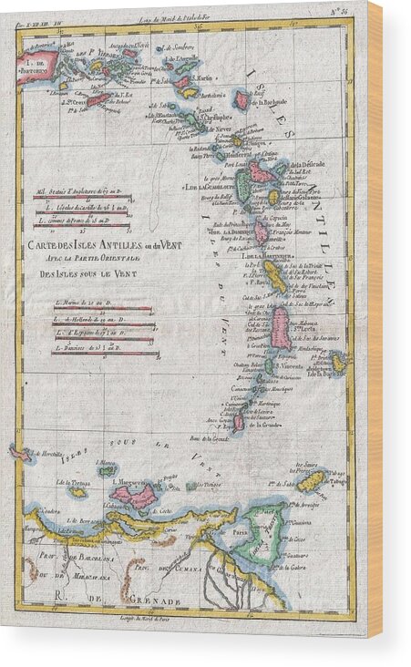 A Fine Example Of Rigobert Bonne And Guillaume Raynal’s 1780 Map Of The Lesser Antilles Wood Print featuring the photograph 1780 Raynal and Bonne Map of Antilles Islands by Paul Fearn
