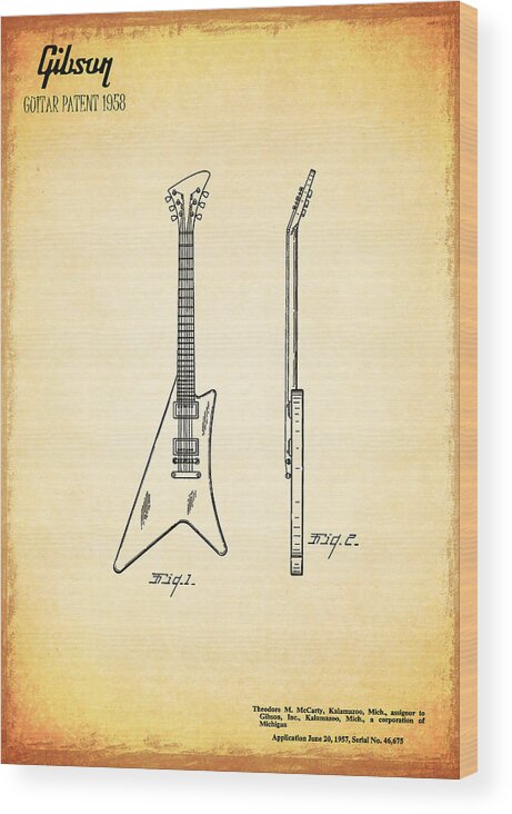Guitar Patent Wood Print featuring the photograph 1958 Gibson Guitar Patent by Mark Rogan