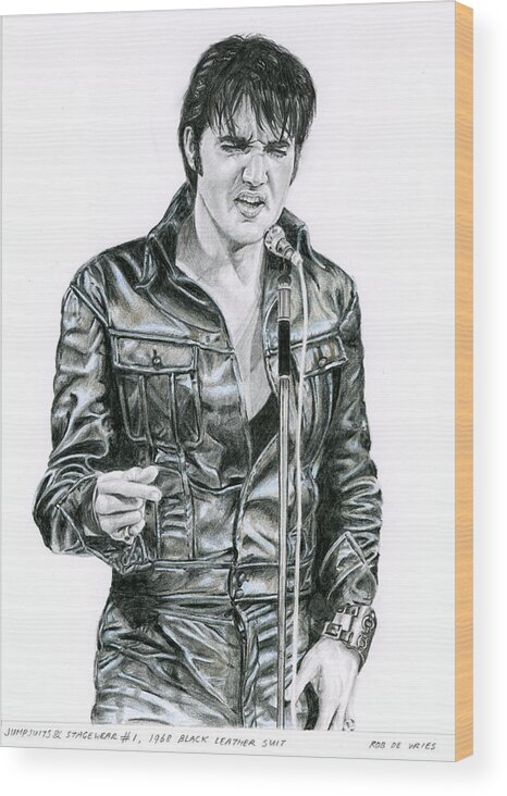 Elvis Wood Print featuring the drawing 1968 Black Leather suit by Rob De Vries