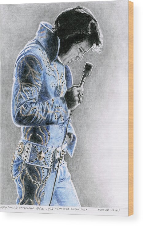 Elvis Wood Print featuring the drawing 1972 Light Blue Wheat Suit by Rob De Vries