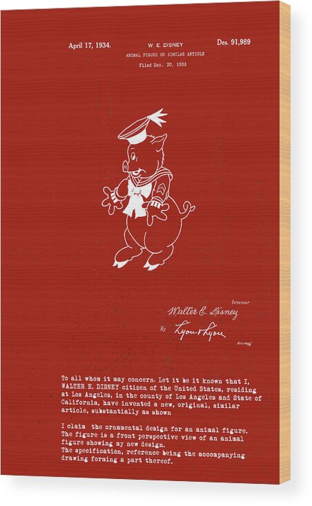 Practical Pig Wood Print featuring the digital art Disney Pig Patent #2 by Marlene Watson