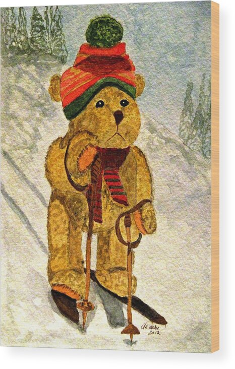 Bears Wood Print featuring the painting Learning To Ski by Angela Davies