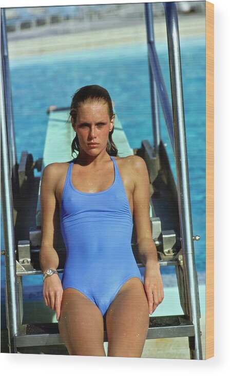 Swimwear Wood Print featuring the photograph Patti Hansen Wearing A Blue Swimsuit by Arthur Elgort