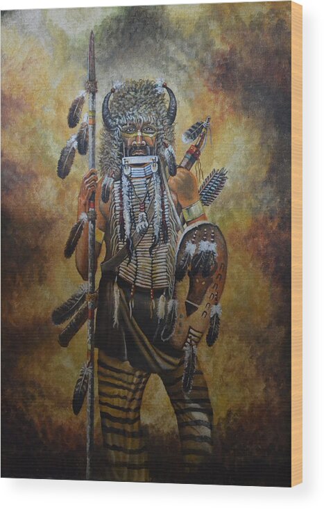 A Portrait Of Two Crows A Cheyenne Warrior Who Fought Against The 7th Cavalary. He Is Wearing His Buffalo Hat And Has Is Spear Wood Print featuring the painting Two Crows by Martin Schmidt