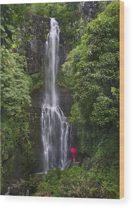 Beautiful Wood Print featuring the photograph Woman with umbrella at Wailua Falls #2 by M Swiet Productions