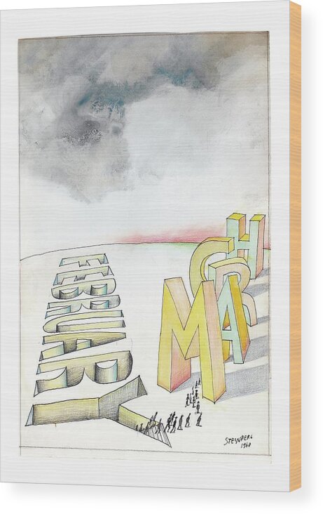 120545 Sst Saul Steinberg 
(ladscape With February Carved In Ground With People Climbing Up Stairs Wood Print featuring the drawing February To March by Saul Steinberg