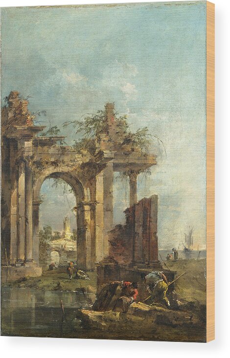 Francesco Guardi Wood Print featuring the painting A Caprice with Ruins on the Seashore by Francesco Guardi