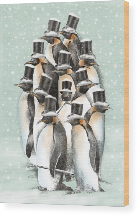 Penguins Wood Print featuring the drawing A Gathering in the Snow by Eric Fan