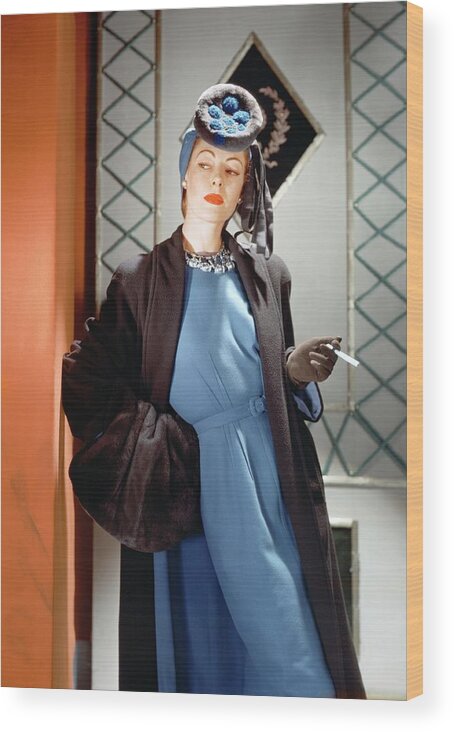 Accessories Wood Print featuring the photograph A Model Wearing A Blue Dress by Horst P. Horst