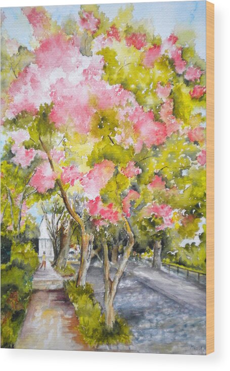 Streets - Flowering Trees Wood Print featuring the painting A Street in Charleston by Madie Horne