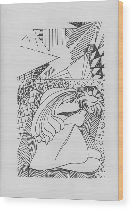 Girl Smelling Flower Wood Print featuring the drawing A Walk in the Sunshine by Donna Crist