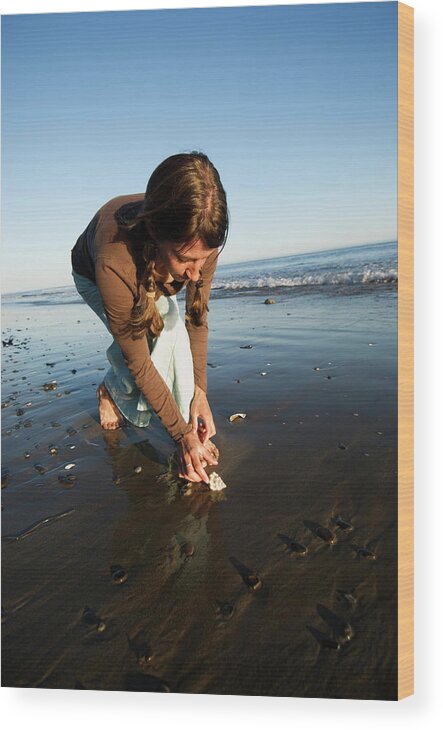 Attractive Wood Print featuring the photograph A Young Woman Collects Seashells by Kyle George