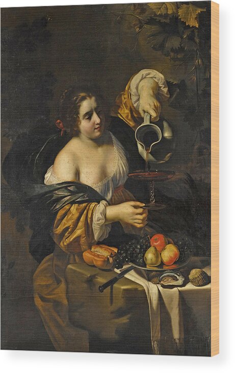 Nicolas Regnier Wood Print featuring the painting A young woman pouring red wine from a pitcher into a glass by Nicolas Regnier
