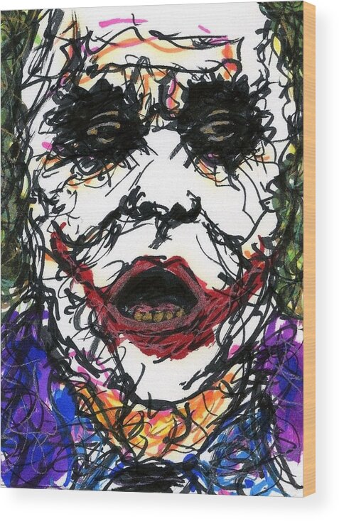 Joker Wood Print featuring the drawing ACEO Joker VI by Rachel Scott