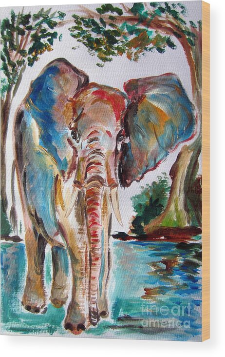 Elephant Wood Print featuring the painting African Elephant by Roberto Gagliardi