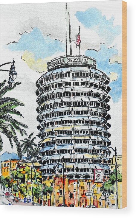 Capitol Records Wood Print featuring the painting An Old Los Angeles Favorite by Terry Banderas
