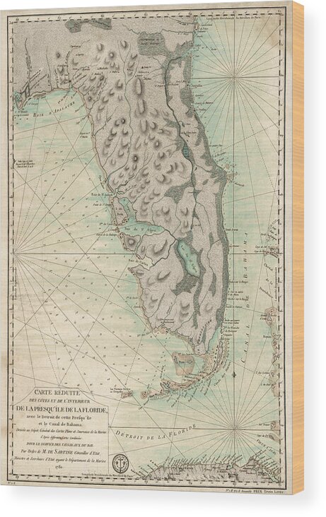 Florida Wood Print featuring the drawing Antique Map of Florida - 1780 by Blue Monocle