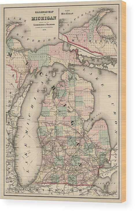 Michigan Wood Print featuring the drawing Antique Railroad Map of Michigan by Colton and Co. - 1876 by Blue Monocle