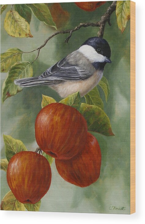 Bird Wood Print featuring the painting Apple Chickadee Greeting Card 2 by Crista Forest