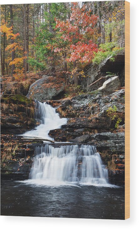 Autumn Wood Print featuring the photograph Autumn Waterfall in mountain by Songquan Deng