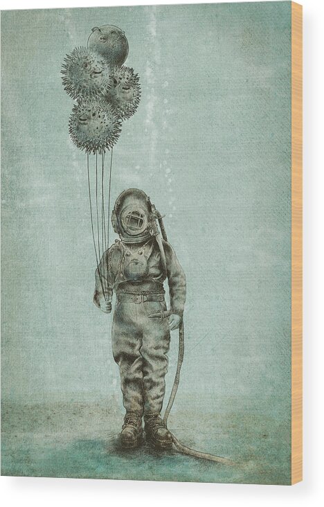Ocean Wood Print featuring the drawing Balloon Fish by Eric Fan