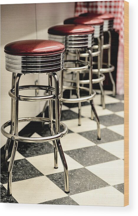 Phillip Rubino Wood Print featuring the photograph Barstools of vintage roadside diner by Phillip Rubino