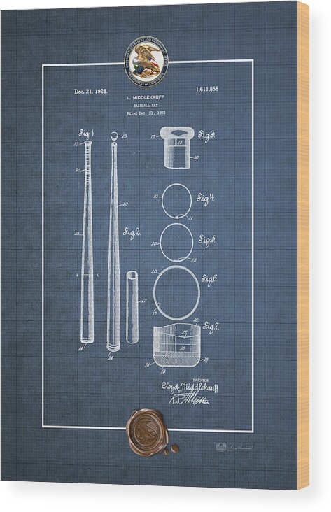 C7 Sports Patents And Blueprints Wood Print featuring the digital art Baseball bat by Lloyd Middlekauff - Vintage Patent Blueprint by Serge Averbukh