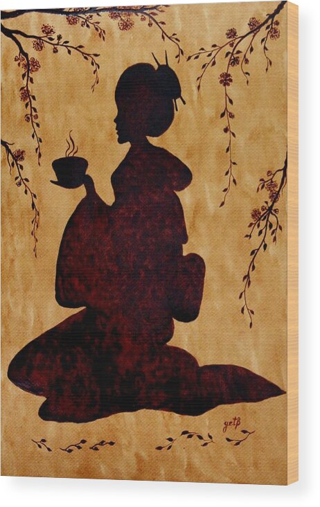 Geisha Coffee Art Painting Wood Print featuring the painting Beautiful Geisha Coffee Painting by Georgeta Blanaru