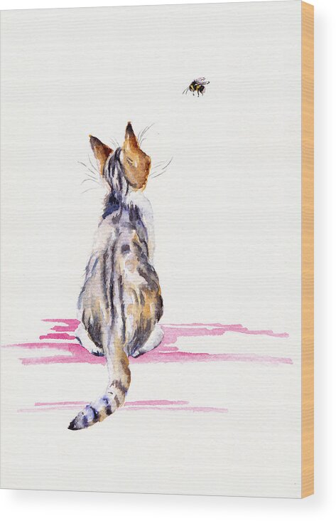 Cat Wood Print featuring the painting Kitten - Bee-mused by Debra Hall