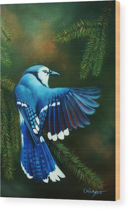 Bird Wood Print featuring the painting Blue Jay by Jean Yves Crispo