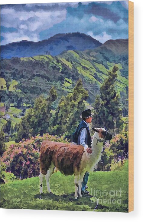 Julia Springer Wood Print featuring the photograph Boy with Llama by Julia Springer