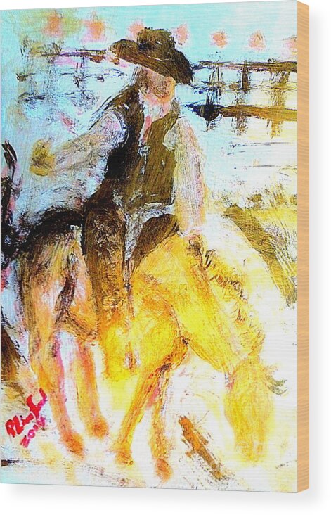 Bronc Riding Wood Print featuring the painting Bronc Riding Riverton Utah Rodeo by Richard W Linford