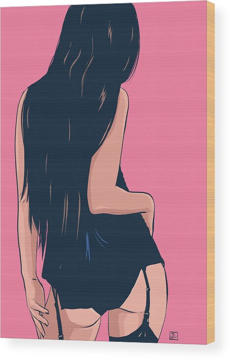 Sexy Girl Wood Print featuring the drawing Brunette in Black by Giuseppe Cristiano