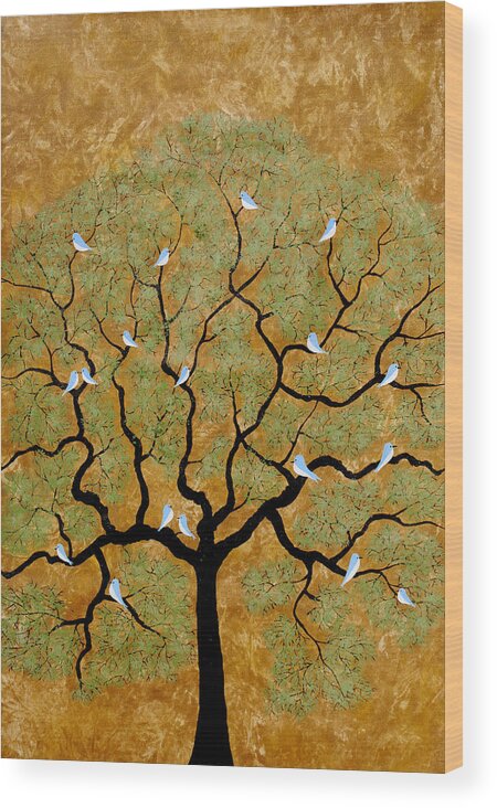 Birds Wood Print featuring the painting By the tree re-painted by Sumit Mehndiratta