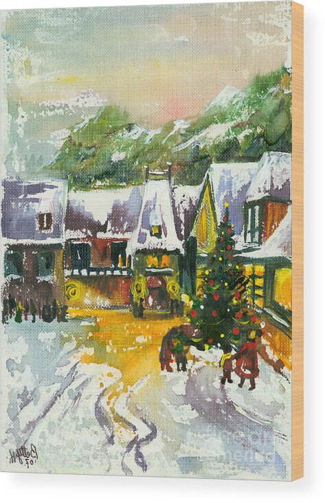 Greeting Cards Wood Print featuring the painting Christmas in the Small Town by Elisabeta Hermann