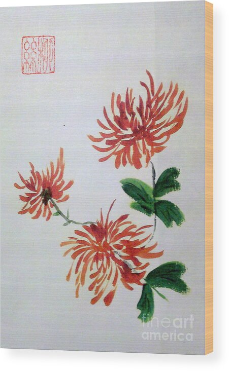 Fall Flowers Orange Flowers Wood Print featuring the painting Chrysanthemums by Margaret Welsh Willowsilk