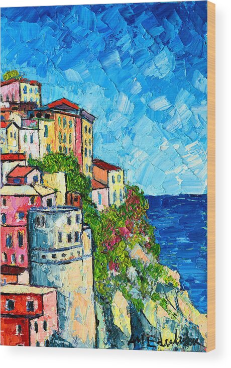Manarola Wood Print featuring the painting Cinque Terre Italy Manarola Painting Detail 3 by Ana Maria Edulescu