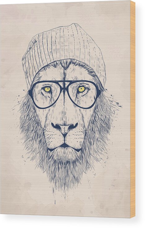 Lion Wood Print featuring the drawing Cool lion by Balazs Solti