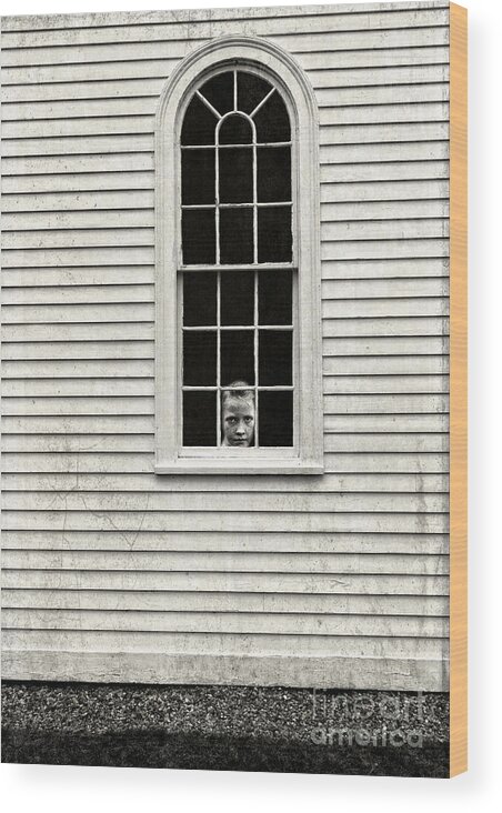 Window Wood Print featuring the photograph Creepy victorian girl looking out window by Edward Fielding