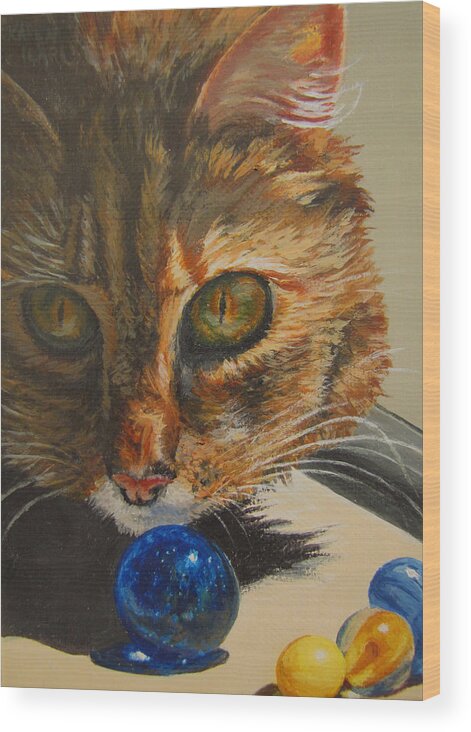 Cat Wood Print featuring the painting Curious by Karen Ilari