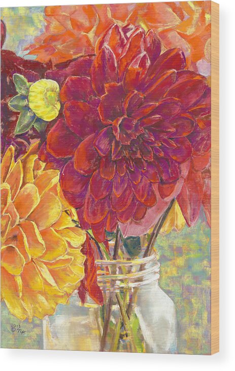 Birdseye Art Studio Wood Print featuring the painting Dahlias in a Canning Jar by Nick Payne